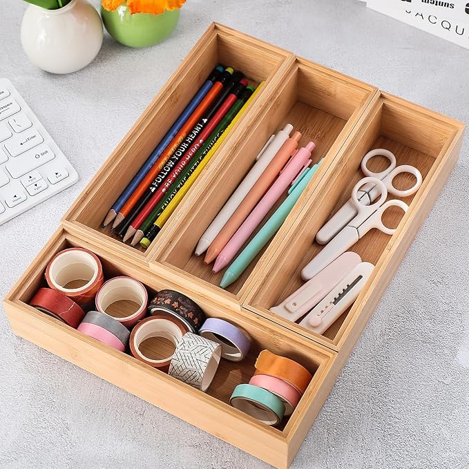 Kigley 8 Pieces Bamboo Drawer Organizer Kitchen Utensils Wooden Utensil Stackable Wooden Storage Box Bamboo Silverware Tray for Drawer(9 x 3 x 2 Inch,Wood)