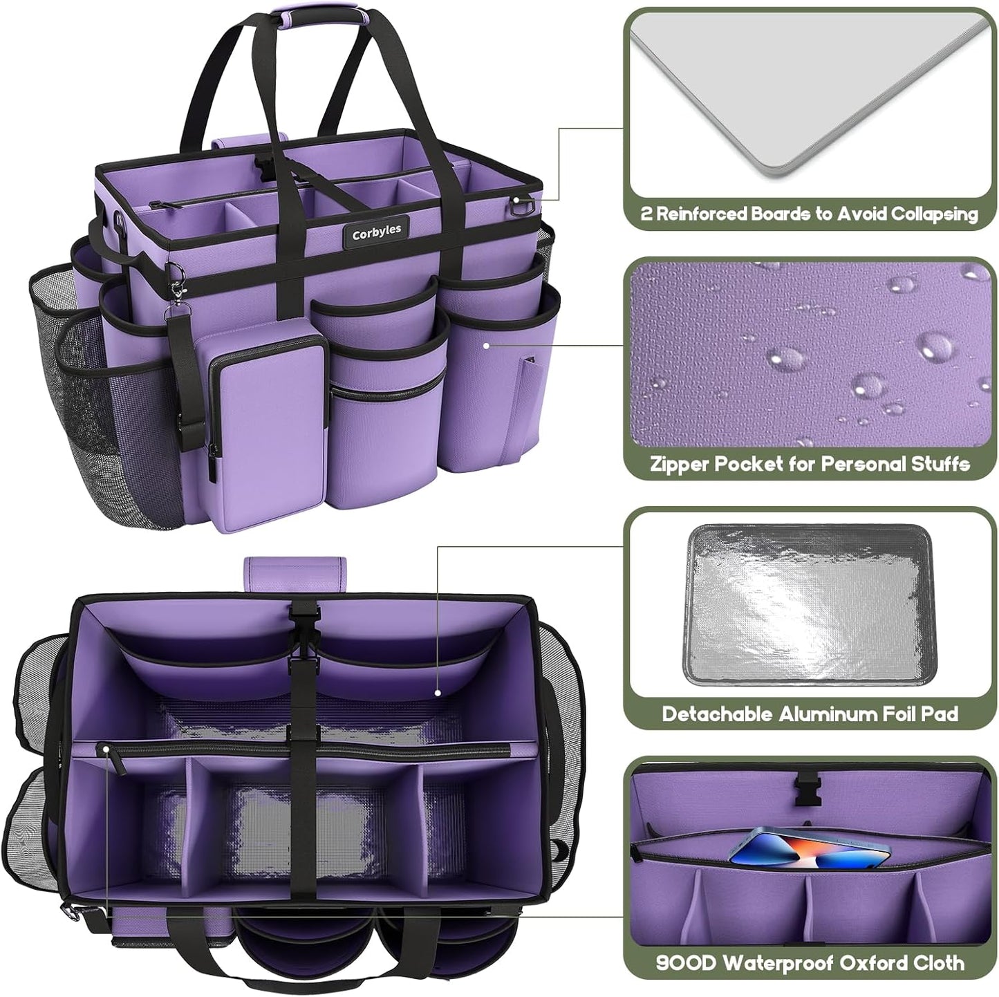 Rolling Cleaning Caddy Bag with Detachable Trolley, Cleaning Supplies Organizer Cart on Wheels, Cleaning Supply Caddy for Housekeepers, Large Professional Detailing Bag Tote for Home, Car (Purple)