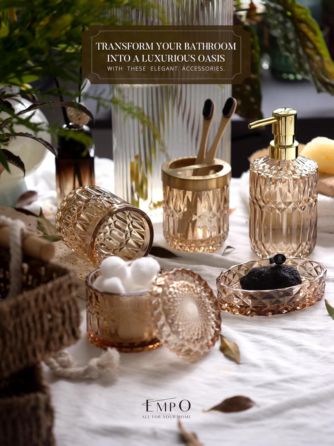 EMPO 6PCS Bathroom Clear Glass Accessories Set (Lotion Soap Dispenser, Soap Dish, Toothbrush Holder, Tumbler, Cotton Swab Jar), Contemporary Modern Decor Crystal Vintage Gift (6pcs Brown)