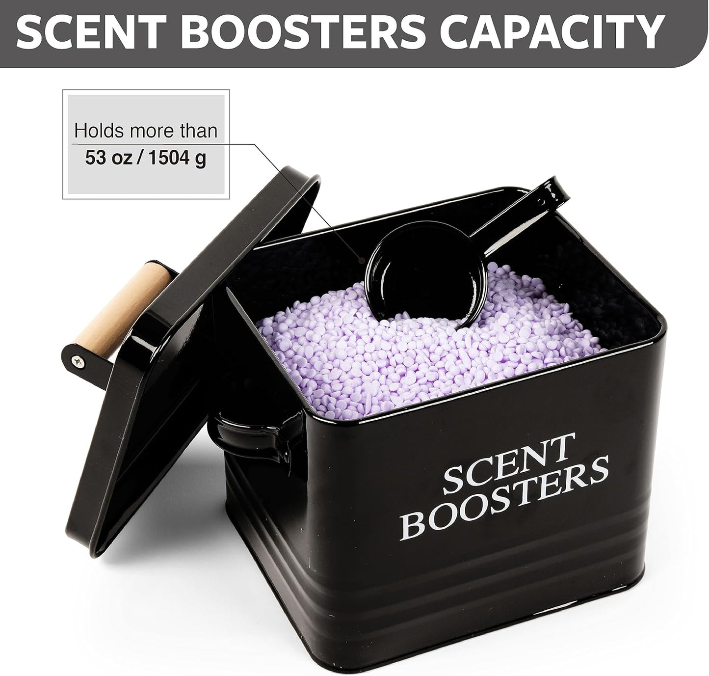 Calindiana Modern Farmhouse Metal Laundry Scent Booster Beads Dispenser Container with Scoop for Laundry Room Decor and Accessories and Space Saving Laundry Room Organization and Storage, Black