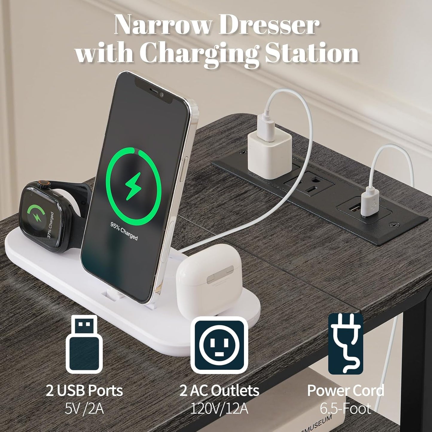 Yoobure LED Narrow Nightstand with Charging Station - Slim Dresser for Bedroom Narrow Side Table Storage Cabinet, Small Dressers Chest of Drawers, Tall Skinny Night Stand End Table for Small Spaces