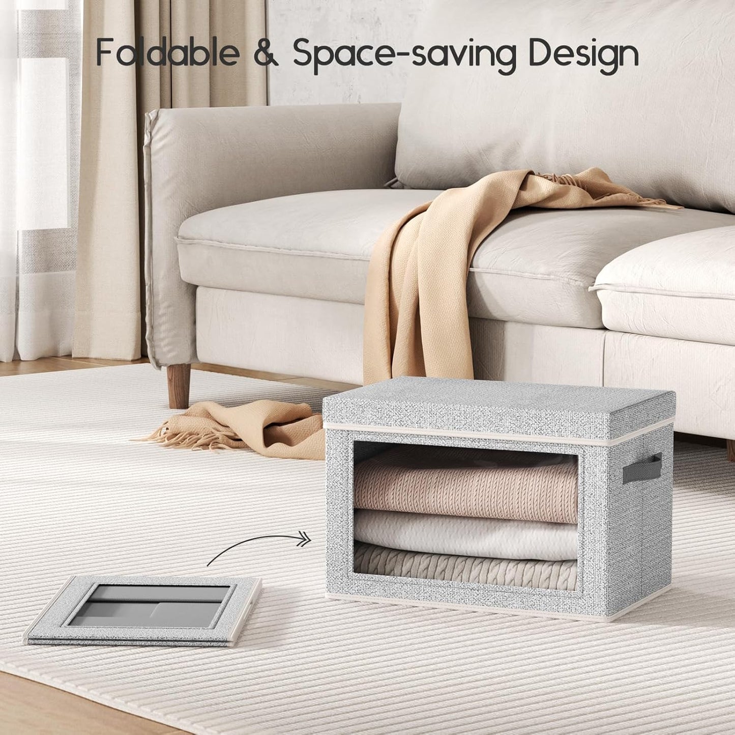 Collapsible Storage Bins with Lids - Stackable Storage Containers with Window, 3 Pack Fabric Bins for Closet, Home & Office Organization Baskets, Light Gray, 14.9" x 9.8" x 9.8"