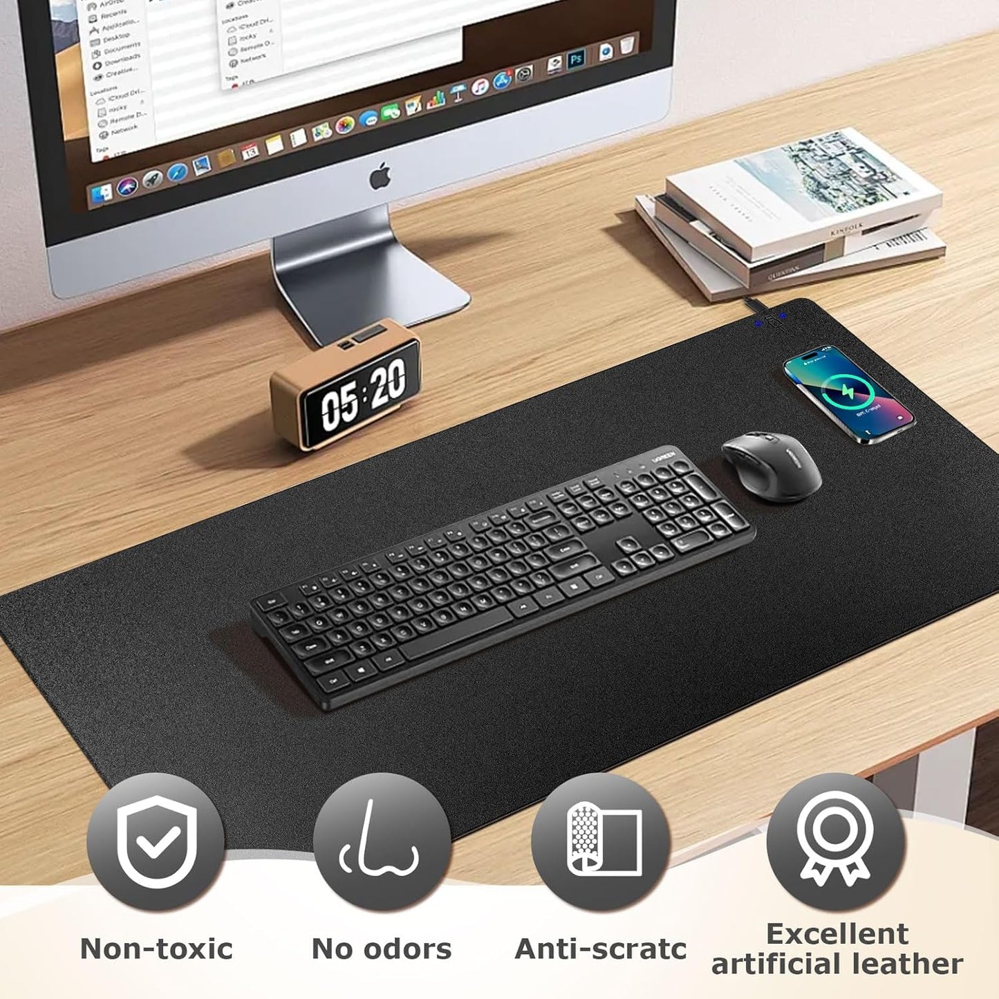Wireless Charging Mouse Pad Firelison 2 in 1 Leather Multifunctional Office Desk Pad with Non-Slip Rubber Base, Waterproof Desk pad for Computers/Office/Work/Home/Decor（ 32" x 16"Black - R）