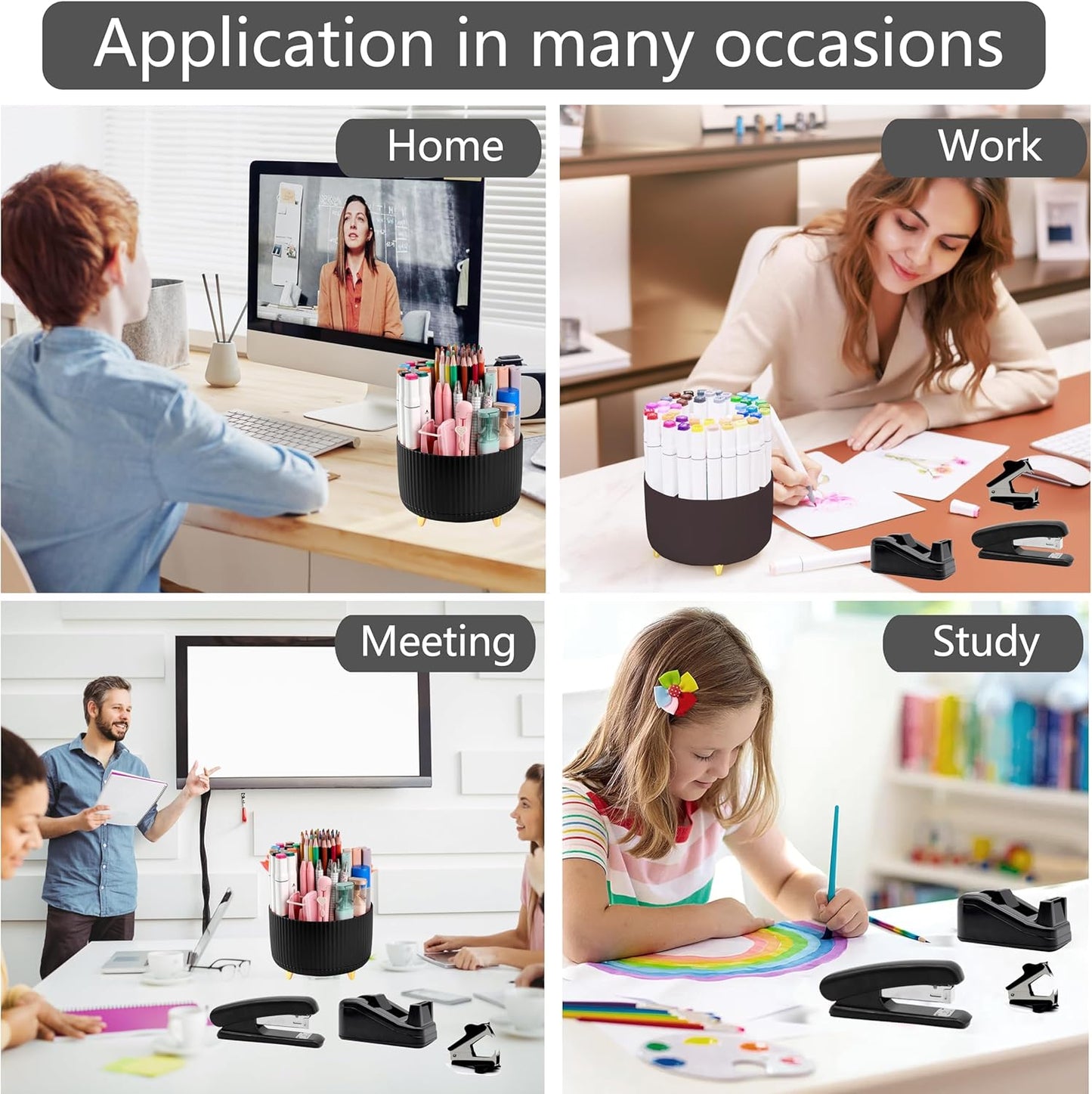 Office Desk Accessories, Black Office Supplies 360°Pen Holder Desk Organizers And Accessories with Tape Dispenser, Stapler, Staple Remover, 1000 Staples, Tape, Clips Set, Ruler, Scissor, Pen