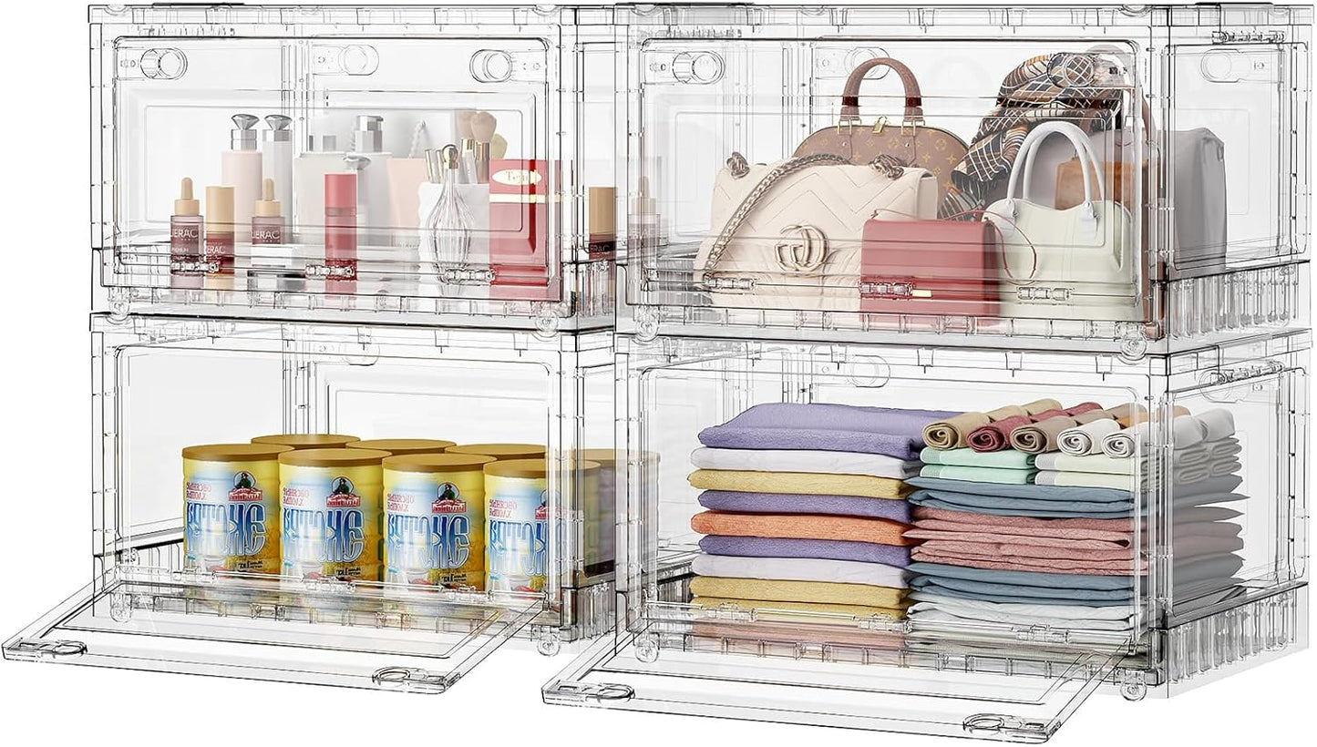 BROVIEW 320Qt Clear Stackable Storage Bins with Lids and Wheels, Shiny Plastic Storage Bins, Foldable PET Drawer Closet Organizers and Storage Cabinets Display Box for Home Craft Makeup, 4 Pack