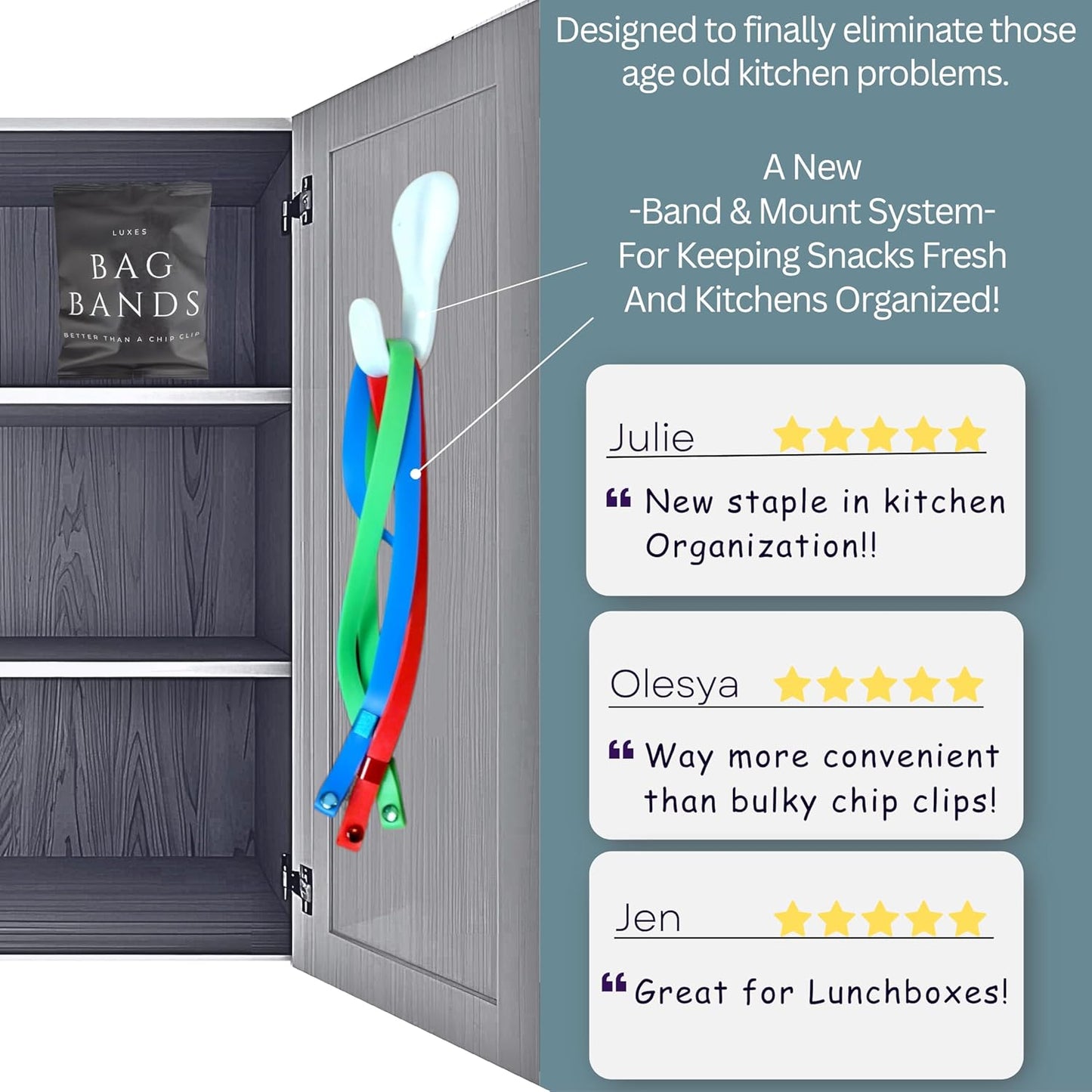 Luxes- Snack Organizer | Band & Mount System-Keeps Snack Bags Fresh | Luxury Cabinet/Pantry Organizing Curated Set | Premium Adjustable Bands (5ct) + Storage Hook | Chip Clips Bag Bands (Color)
