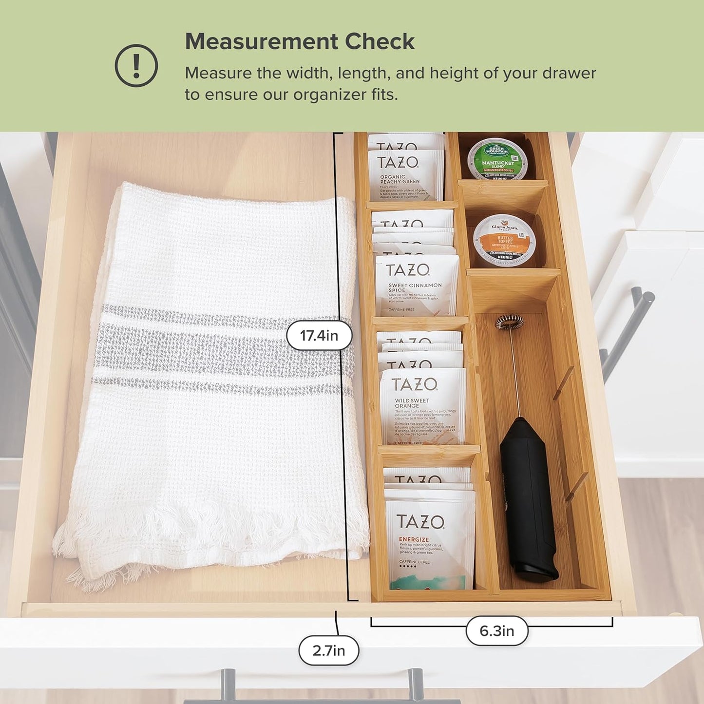 KitchenEdge Premium Tea Bags and Coffee Pods Drawer Organizer – Small 9-Compartment Design with Removable Wall Inserts, Non-Slip Feet, 100% Sustainable Bamboo