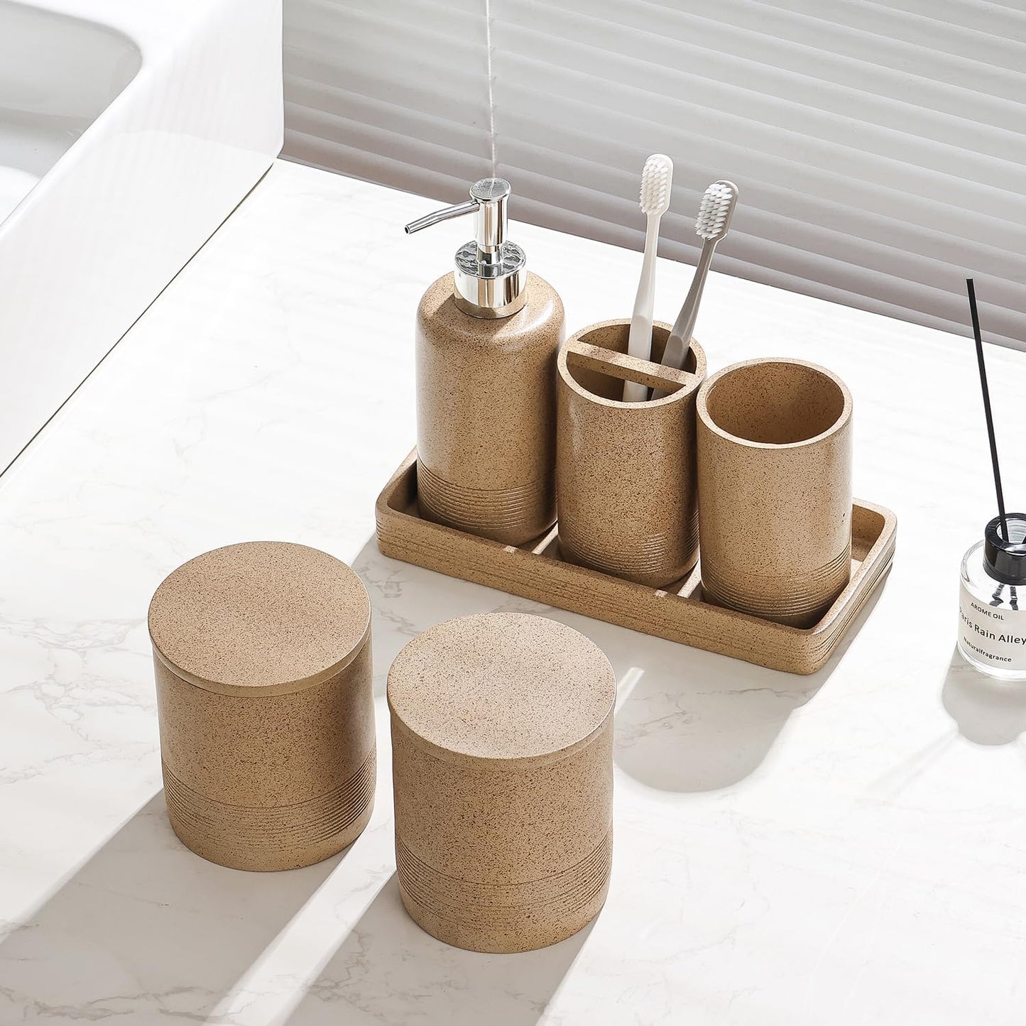 Bathroom Accessories Set, 6 PCS Modern Rustic Resin Bathroom Organizer Set, Toothbrush Holders Set, Soap Dispenser, Vanity Tray, Tumbler, Cotton Swab Jars (Dark Beige)