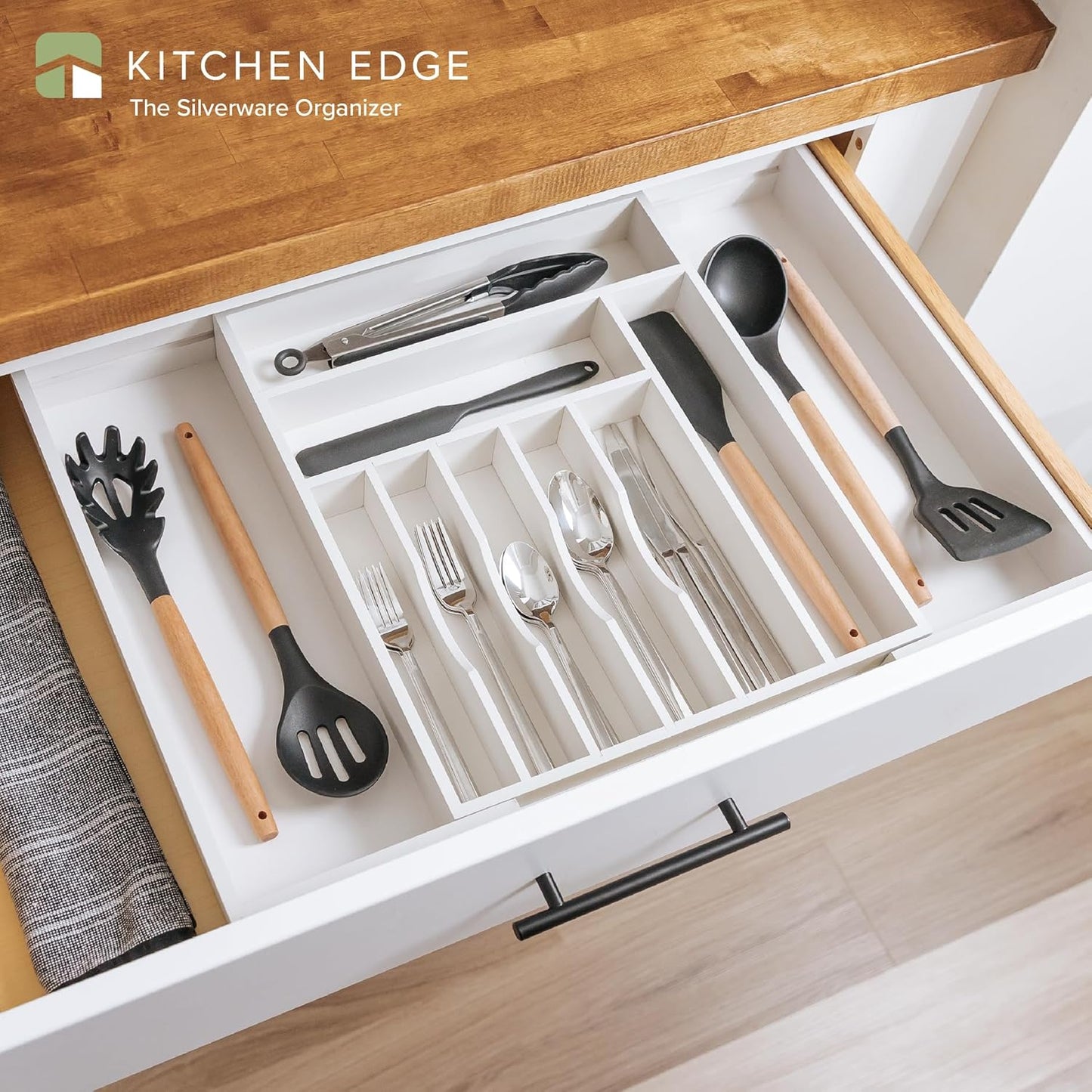KitchenEdge Premium Silverware, Flatware and Utensil Organizer for Kitchen Drawers, Food-Safe Contract Grade, Expandable from 14.5 to 25 In, White Bamboo