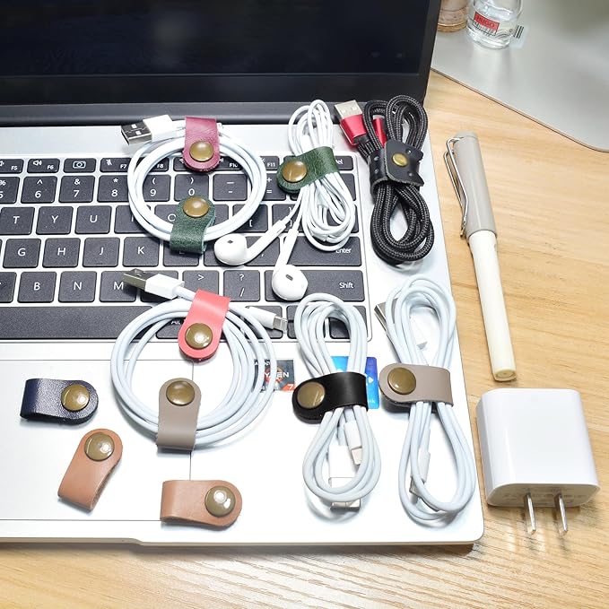 CAILLU Cord Organizer,Cord Keeper,Cable Organizer USB Holder,Cable Straps,Earbud case,wrap Headphone,Headset Winder,Earphone Clips Ties,stocking stuffers for men Gifts Leather (Brown/Black)