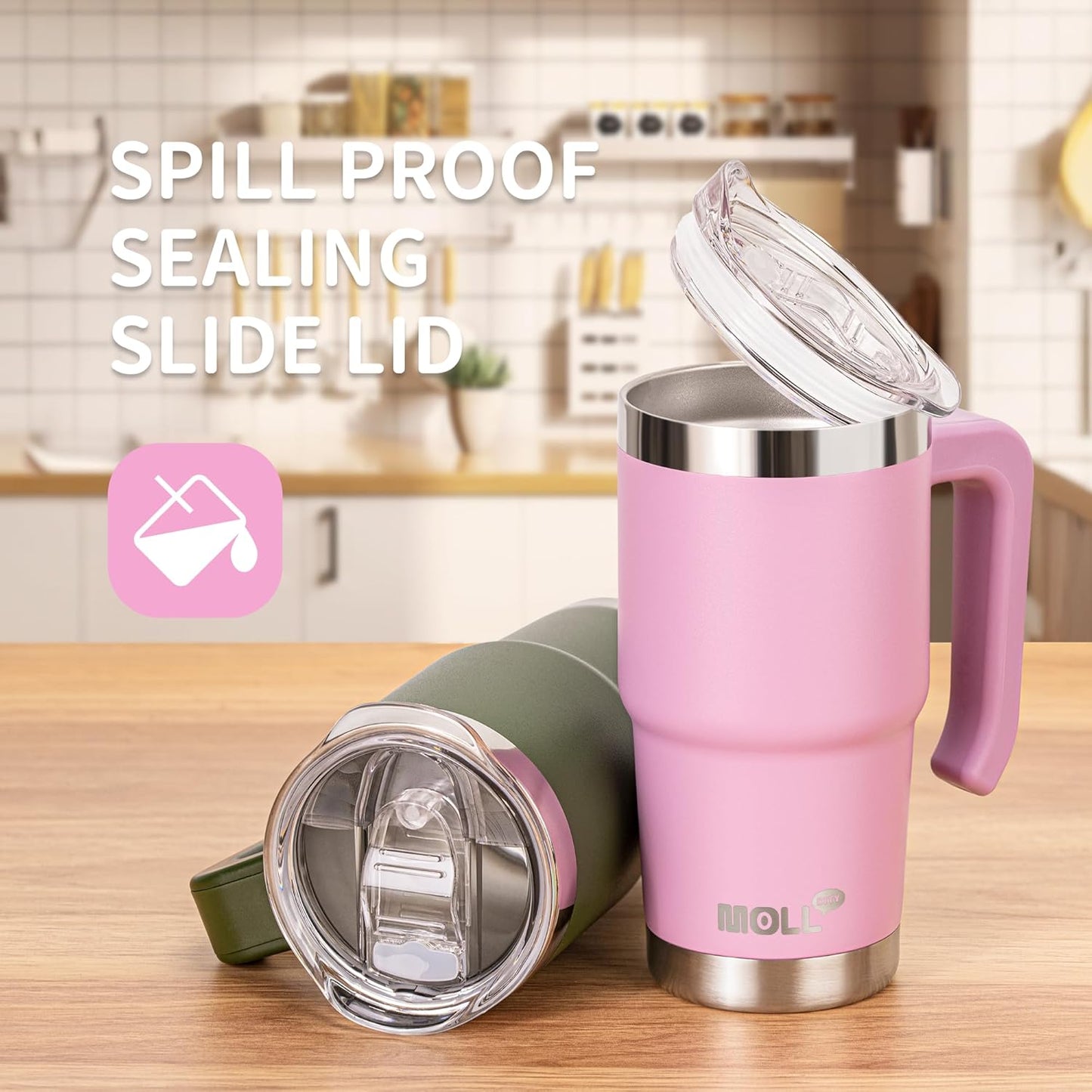 Insulated Tumbler with Handle 16 oz Stainless Steel Double Wall Vacuum Tumbler Cups Travel Coffee Mug with Lid and Straw (Purple Pink)