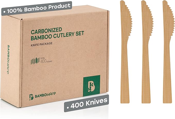 100% Bamboo Utensils - 400 Carbonized Knives Disposable Cutlery Biodegradable and Sanitized - Heavy Duty & Fully Functional