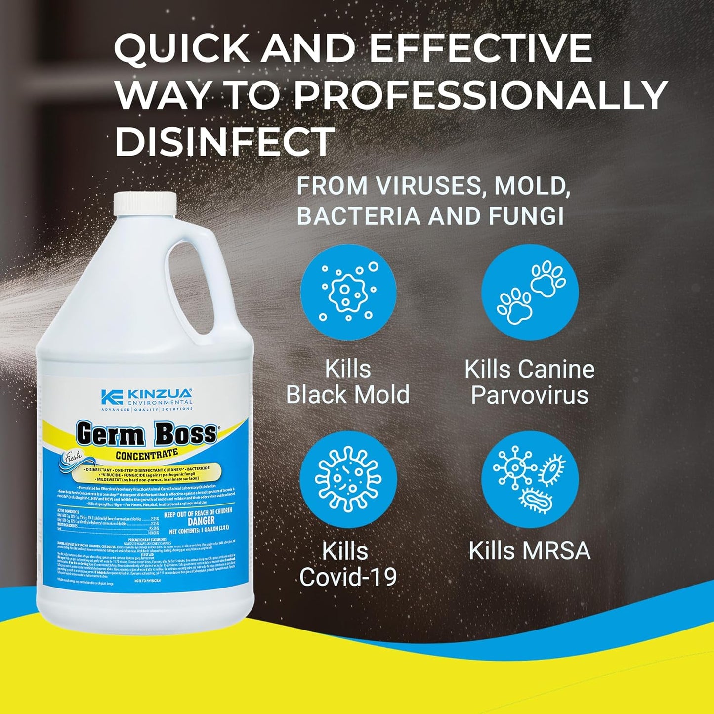 KINZUA ENVIRONMENTAL Germ Boss, Multipurpose Disinfectant Cleaner & Deodorizer, Disinfectant Liquid Concentrate with Fresh Scent for Homes, Kennels, Institutional & Industrial Strength, 1 Gal