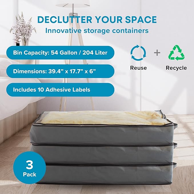 NeatNestly SmartCube Under Bed Storage Bags - 3 Pack Large 39" x 18" x 6" Gray Containers with Reinforced Handles, Foldable Underbed Storage Organizer for Clothing, Blankets & Shoes