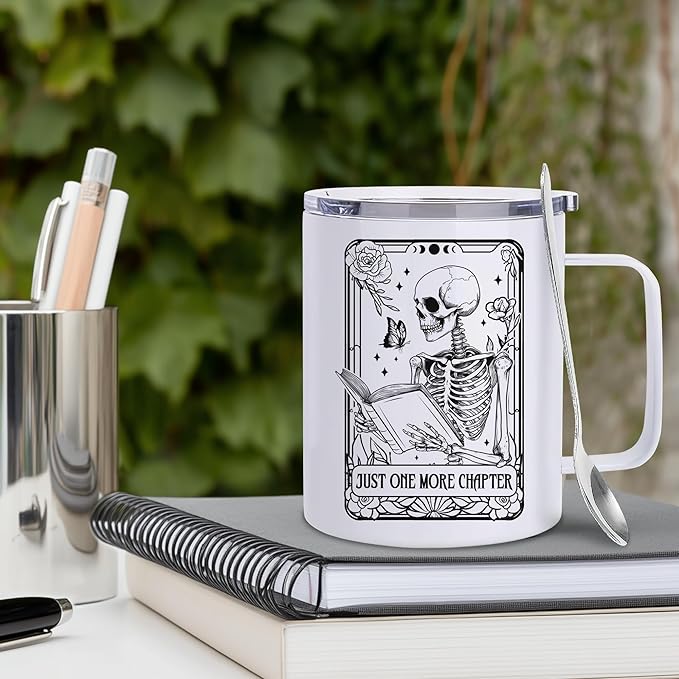 Hyturtle Book Gifts for Book Lovers, 12oz Insulated Stainless Steel Mug With Lid & Spoon, Funny Skeleton Birthday Christmas Gifts For Readers, One More Chapter, Reading Coffee Cup Present Keepsake