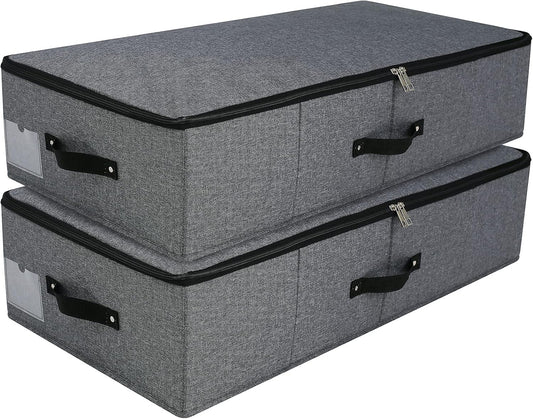 AMJ Foldable Under Bed Storage Basket Container [2 Pack] with Durable Fabric for Clothes, Shoes,Toys, Blanket, Comforter Organizers Bins, Black Grey