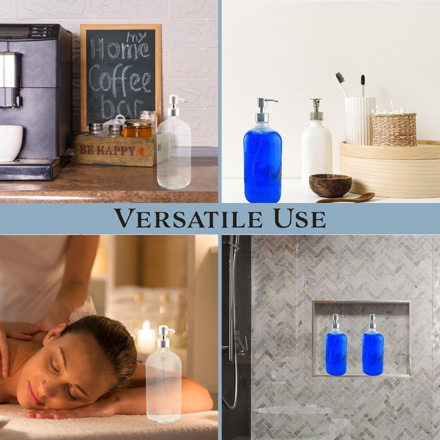 Cornucopia Brands 16-Ounce Clear Glass Bottles w/Stainless Steel Pumps (2 Pack), Soap Dispenser Great for Essential Oils, Lotions, Liquid Soaps