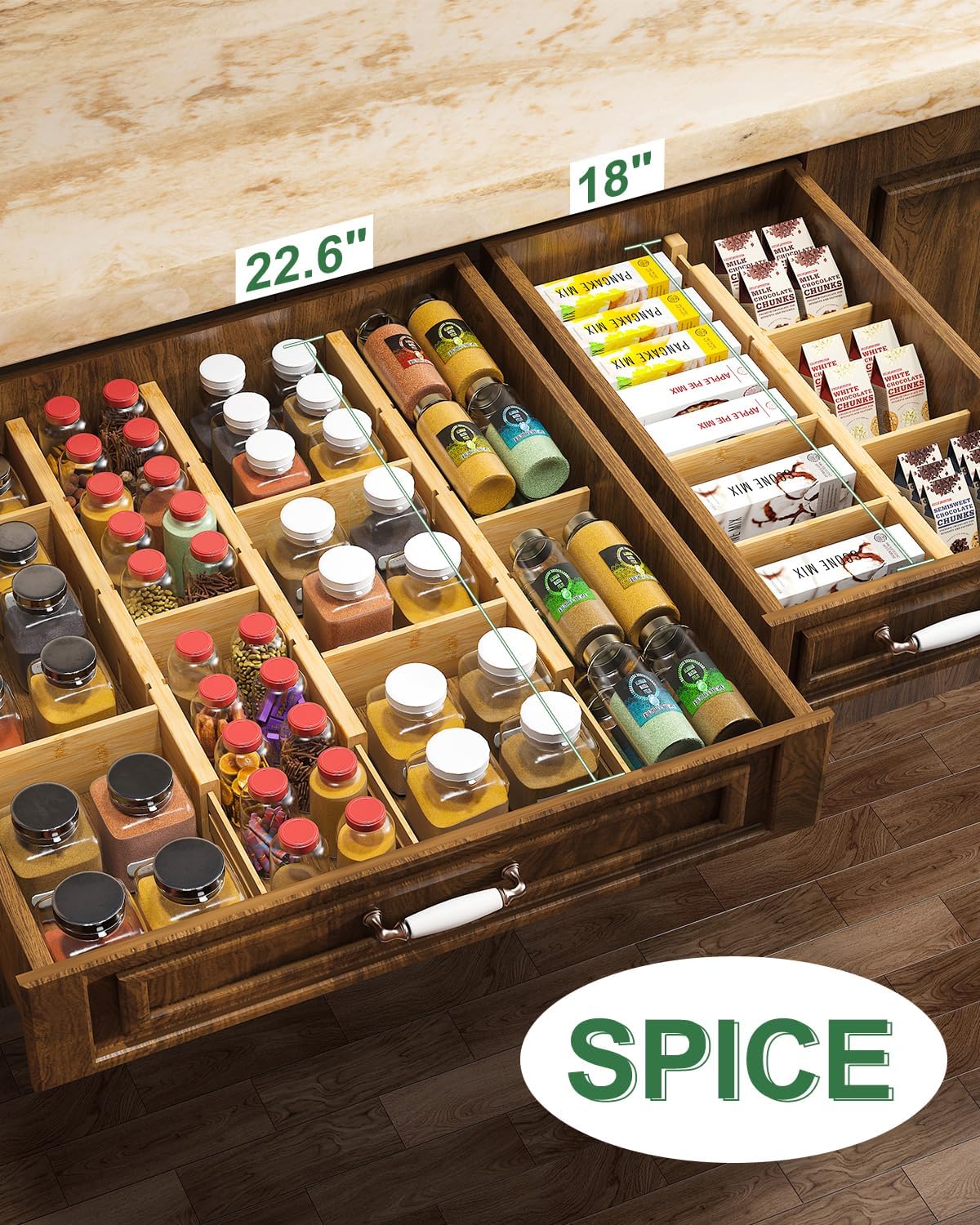 Bamboo Drawer Dividers - Adjustable Drawer Dividers for Clothes, Kitchen, Closet & Office - 8 Pack with Inserts, 18-22.6 Inches, Non-Slip Silicone Ends