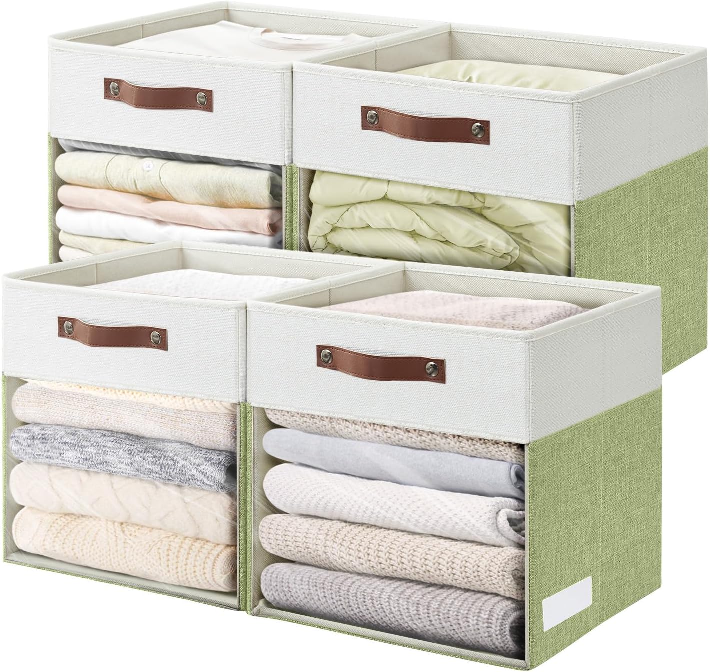 Storage Cubes, 4 Pack Linen Foldable Storage Bins (13 x 13 inch) with Clear Window and Handles, Fabric Organizer for Shelf Closet, Clothes, Books - (Green and White)
