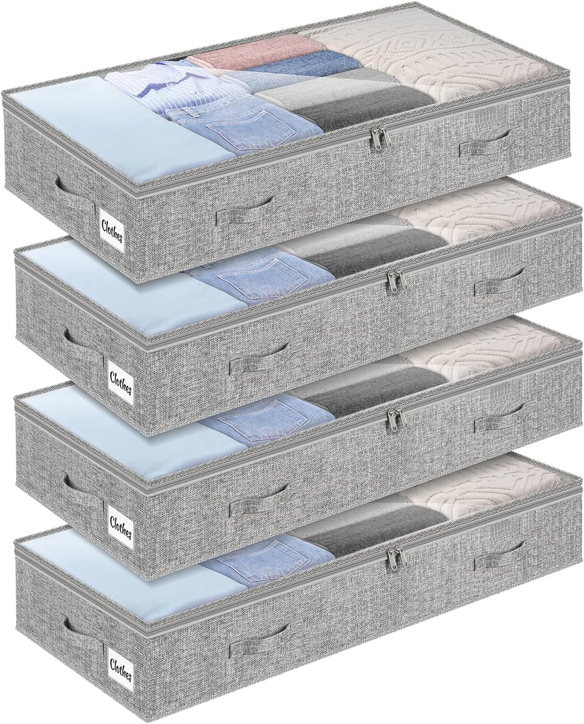 4 Pack 100L Under Bed Storage Containers, Low Profile Closet Organizers and Storage Bins for Dorm, Foldable Underbed Bag for Clothes, Blanket, Sheets, Wrapping Paper, Clear Window & Dual Zippers, Grey