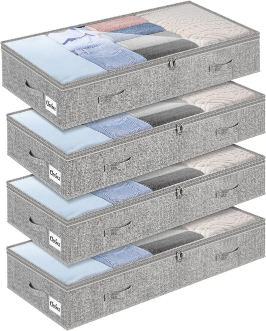 4 Pack 100L Under Bed Storage Containers, Low Profile Closet Organizers and Storage Bins for Dorm, Foldable Underbed Bag for Clothes, Blanket, Sheets, Wrapping Paper, Clear Window & Dual Zippers, Grey