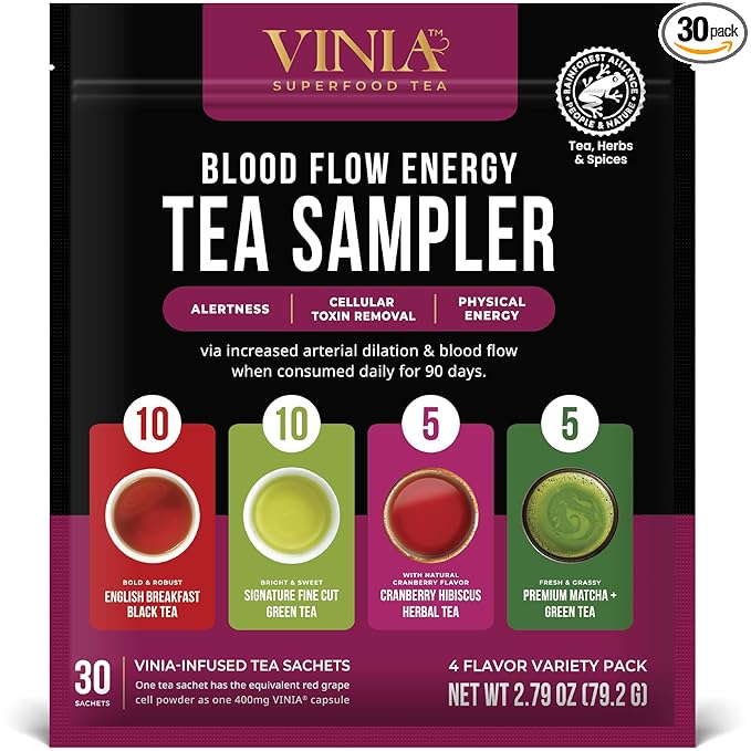 VINIA Tea Sampler, 4 Flavor Variety Pack. Made with Organic Teas, Infused with Piceid Resveratrol for Heart Health, Nitric Oxide, Physical Energy, Alertness, Blood Flow, Keto, Kosher, NON-GMO. 30 Ct