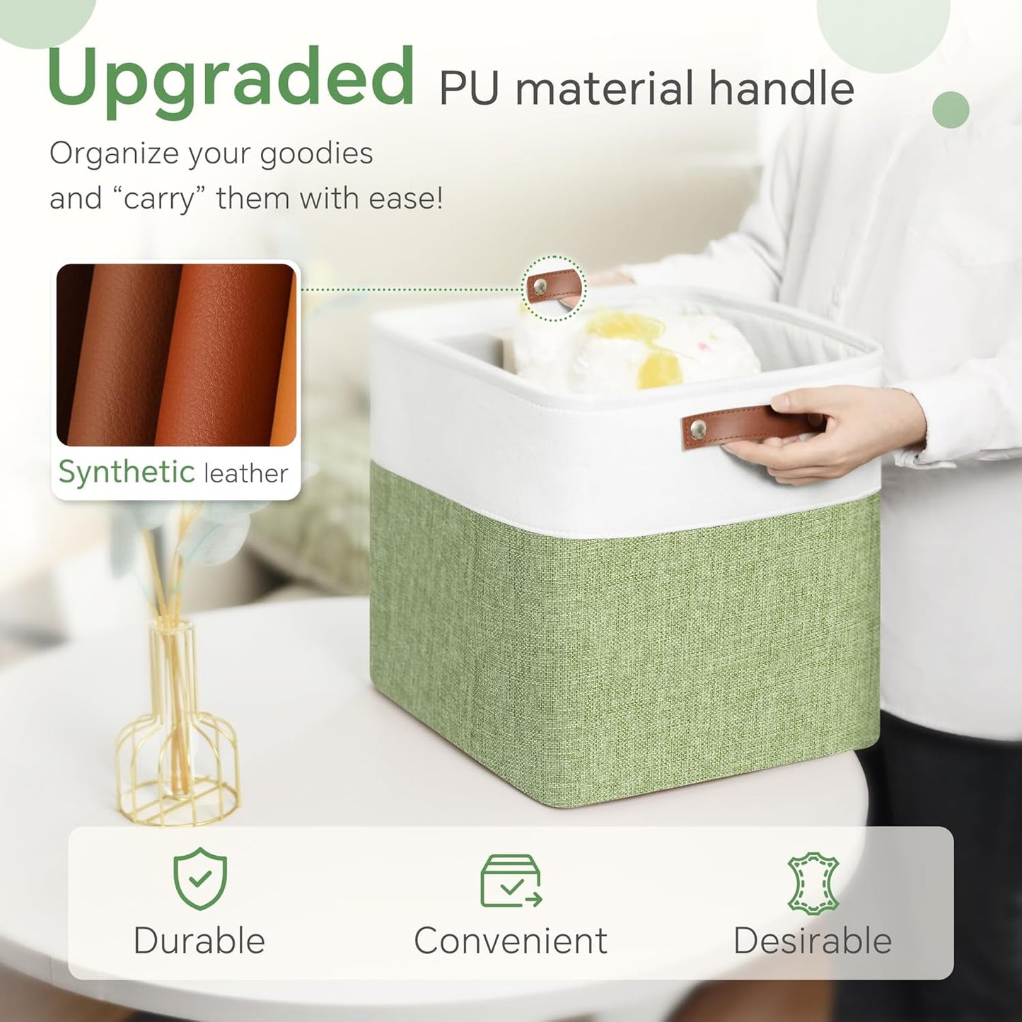 Cube Storage Baskets 6 Pack, 11x11 inch Foldable Cube Storage Bins with Leather Handles for Shelf Closet Nursery Toys (White/ Green)