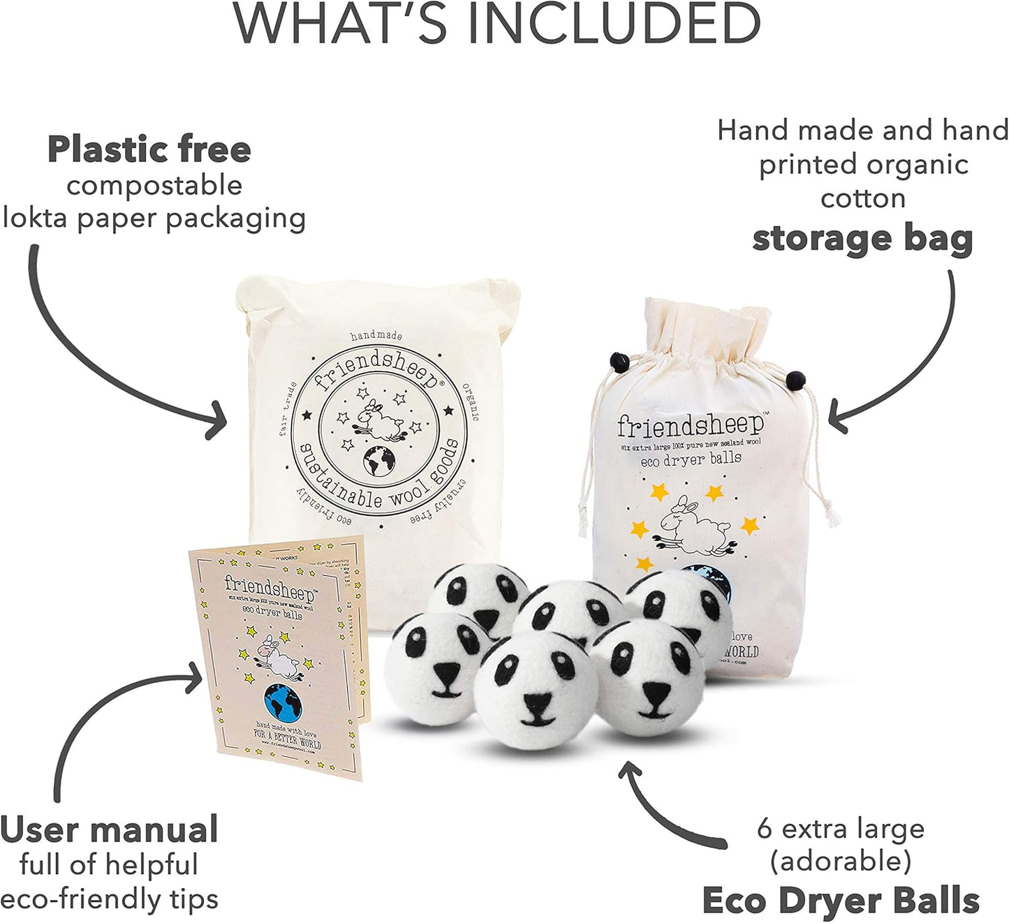 Friendsheep Wool Dryer Balls, Organic Reusable Fabric Softener Alternative for Laundry, Handmade, Fair Trade, Hypoallergenic, Eco-Friendly, Plastic-Free (6 Pack XL – Panda)