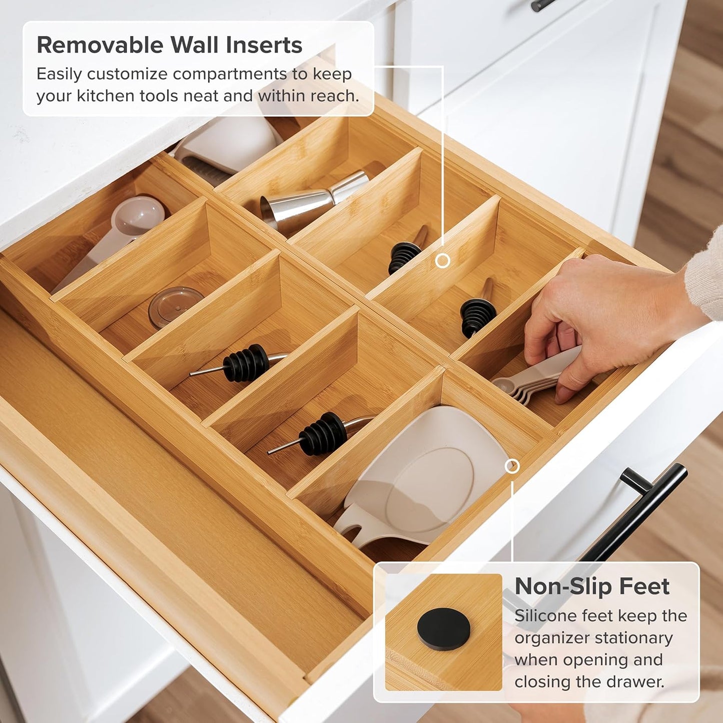 KitchenEdge Premium Kitchen Utensils and Junk Drawer Organizer – Small 5-Compartment Design with 4 Removable Dividers, Non-Slip Feet, 100% Sustainable Bamboo