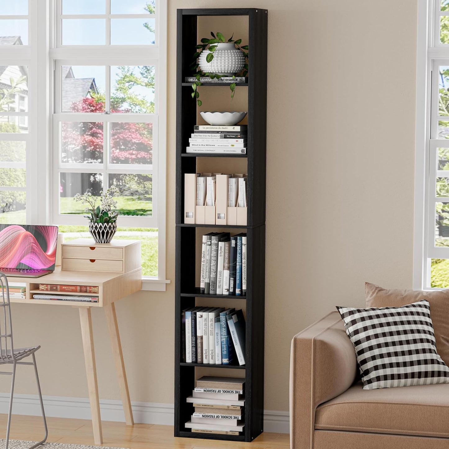 Tall Cube Storage Organizer Bookcase, 6 Tier 11 inch Open Back Cubical Shelf with Thickened Border, Display Bookshelf for Living Room, Home Office, Sturdy Room (Black, 6 Cube,Vertical)