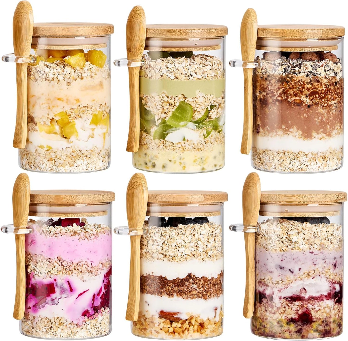 6 Pack Overnight Oats Containers with Bamboo Lids and Spoons - 22 oz Airtight Glass Jars with Lid, Meal Prep Jars for Chia Pudding, Yogurt, Salad, Cereal, Coffee, Flour | Food Storage Canister