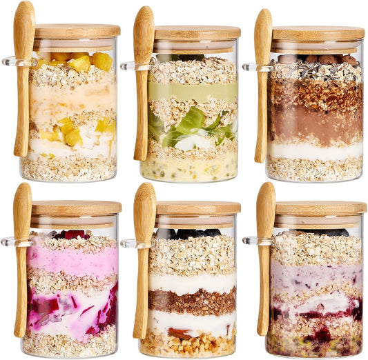 6 Pack Overnight Oats Containers with Bamboo Lids and Spoons - 22 oz Airtight Glass Jars with Lid, Meal Prep Jars for Chia Pudding, Yogurt, Salad, Cereal, Coffee, Flour | Food Storage Canister