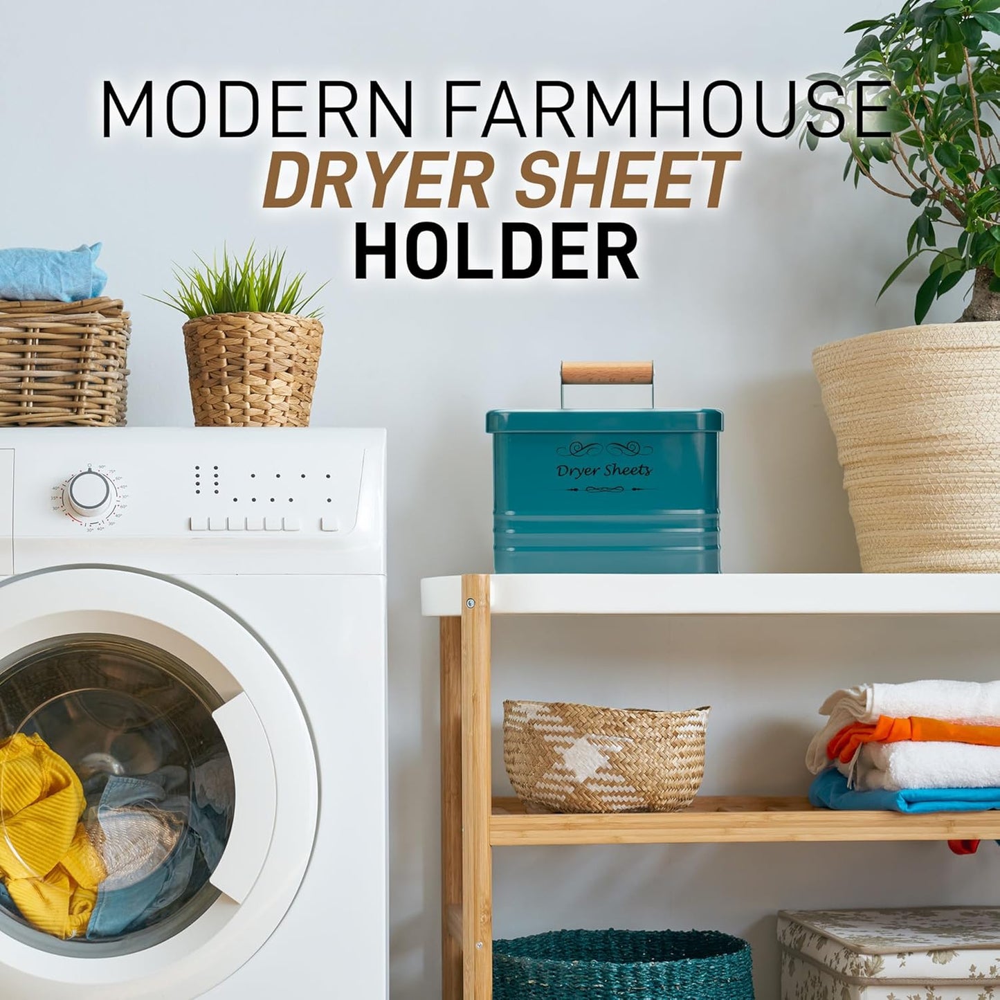 ELITAPRO Dryer Sheets Holder for Laundry Room - Farmhouse Dryer Sheet Box with Lid - Laundry Room Decor & Accessories - Metal Dryer Sheet Container for Laundry Room Organization & Storage (Teal)