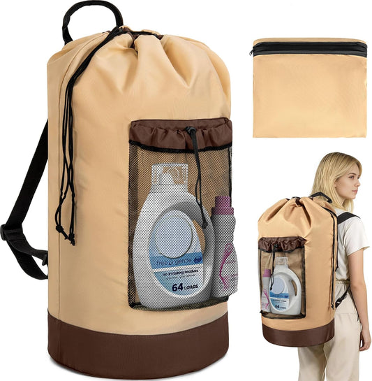 Laundry Bag Backpack with Shoulder Straps and Mesh Pocket Foldable Clothes Hamper Bag with Drawstring Closure for College, Apartment, Laundromat (Brown)