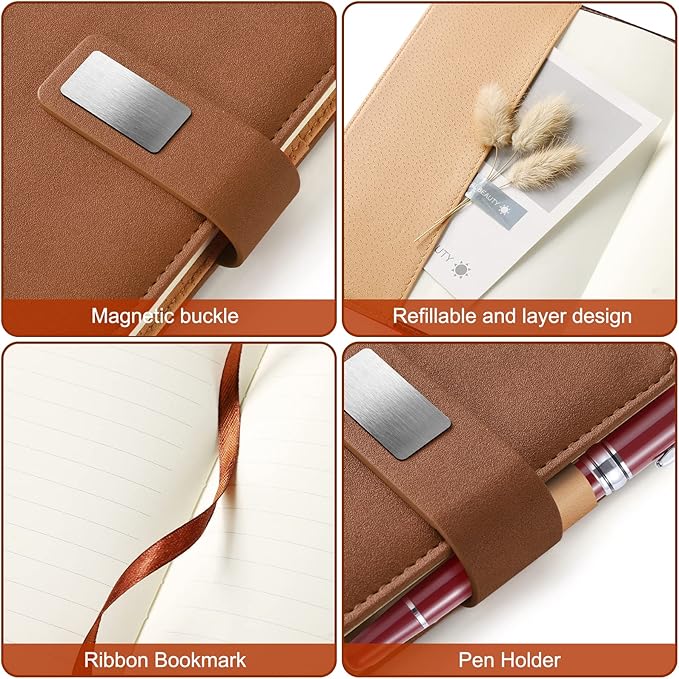 A5 Lined Leather Notebook and Pen Set with Gift Box, 240 Pages Refillable Journal with Pocket and Magnetic Buckle, Hardcover Daily Diary for Men and Women Business Travel Personal Writing- Brown