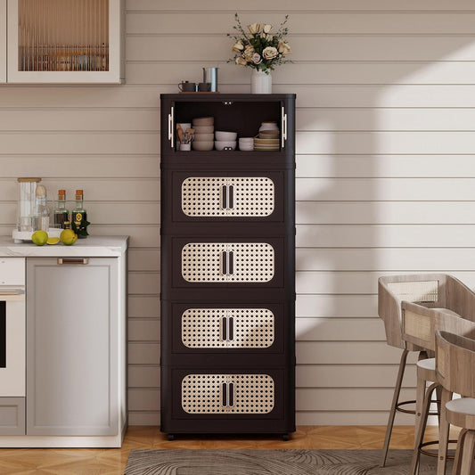 Holaki 195 QT Storage Bins with Lid, 5 Tiers Collapsible Plastic Storage Bins Storage Cabinet Box with Wheels and Magnetic Door for Home Closet Organizers(Retro Brown)