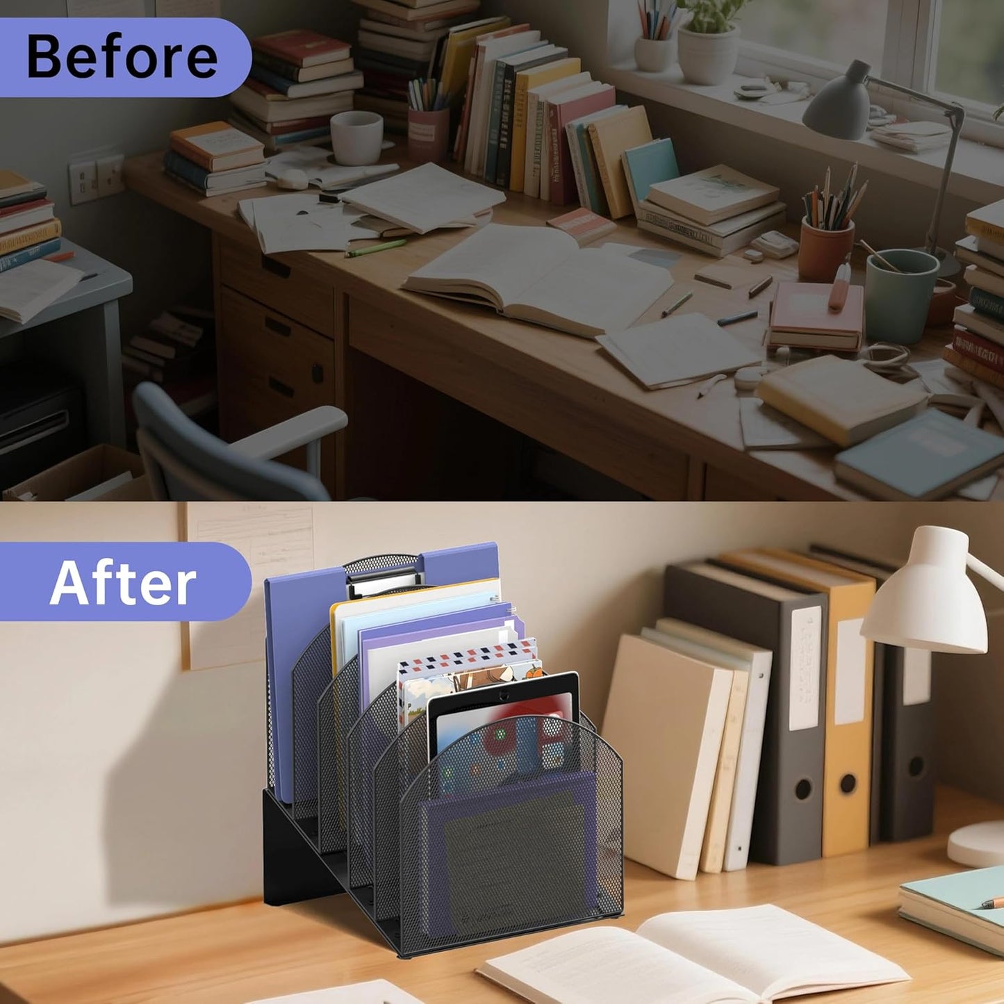 5-Tier Desk File Organizer, Vertical File Folder Organizer. Metal Mesh Mail Rack, Document & Record Holder and Storage for Home Office School, Black