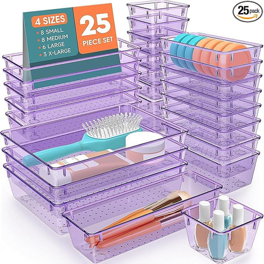 25 PCS Plastic Drawer Organizer Set, 4-Size Versatile Organizer Trays & storage Bins for Makeup, Jewelry, and Gadgets in Bathroom, Bedroom and Office,Clear Purple