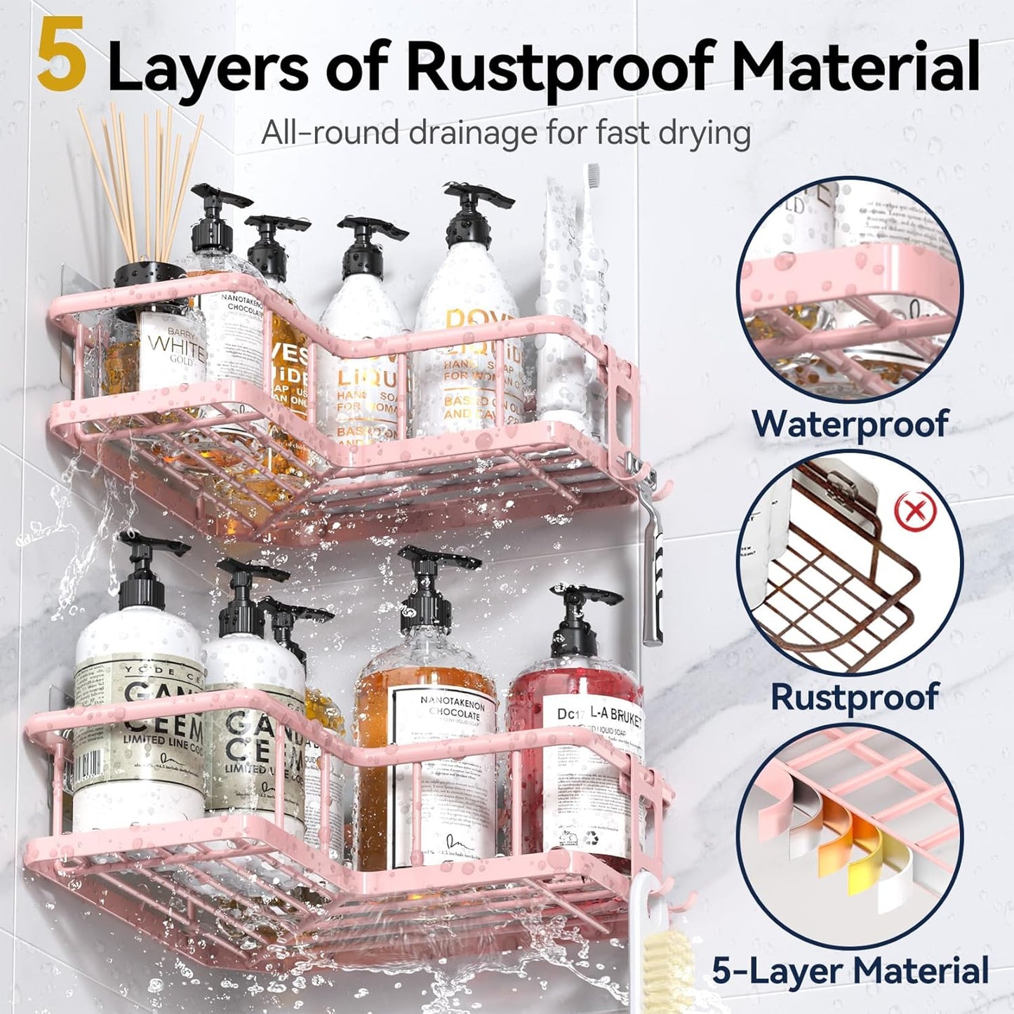 YASONIC Shower Caddy Corner, 3-Pack Adhesive Rustproof Stainless Steel Shower Shelves with Soap Holder, No Drilling Shower Organizer Corner for Dorm, Renters Bathroom, Pink