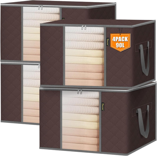 BALEINE 4 Pack Clothes Storage Bags, 24 Gallon Storage Containers with Reinforced Handle, Sturdy Zipper, Closet Organizer for Blanket, Comforter, Pillow, Bedding (Brown, 4 Pack)