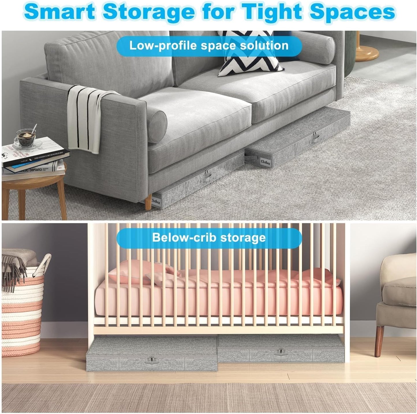 Under Bed Storage Container Bins 2 Pack, 4 Inch Thin Low Profile Underbed Clothes Storage Organizer for Dorm & Home, Use for Blanket and Toy Storage Box W/ Sturdy Bottom/Sides, Foldable Thick Fabric