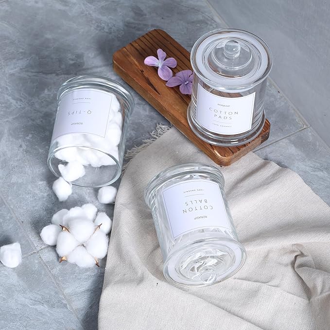 3 Pack Qtip Holder Dispenser, 16oz Bathroom Organizer and Storage Canisters, Glass Apothecary Jars with Lid - Home Decor, Room Decor Aesthetic(Transparent)