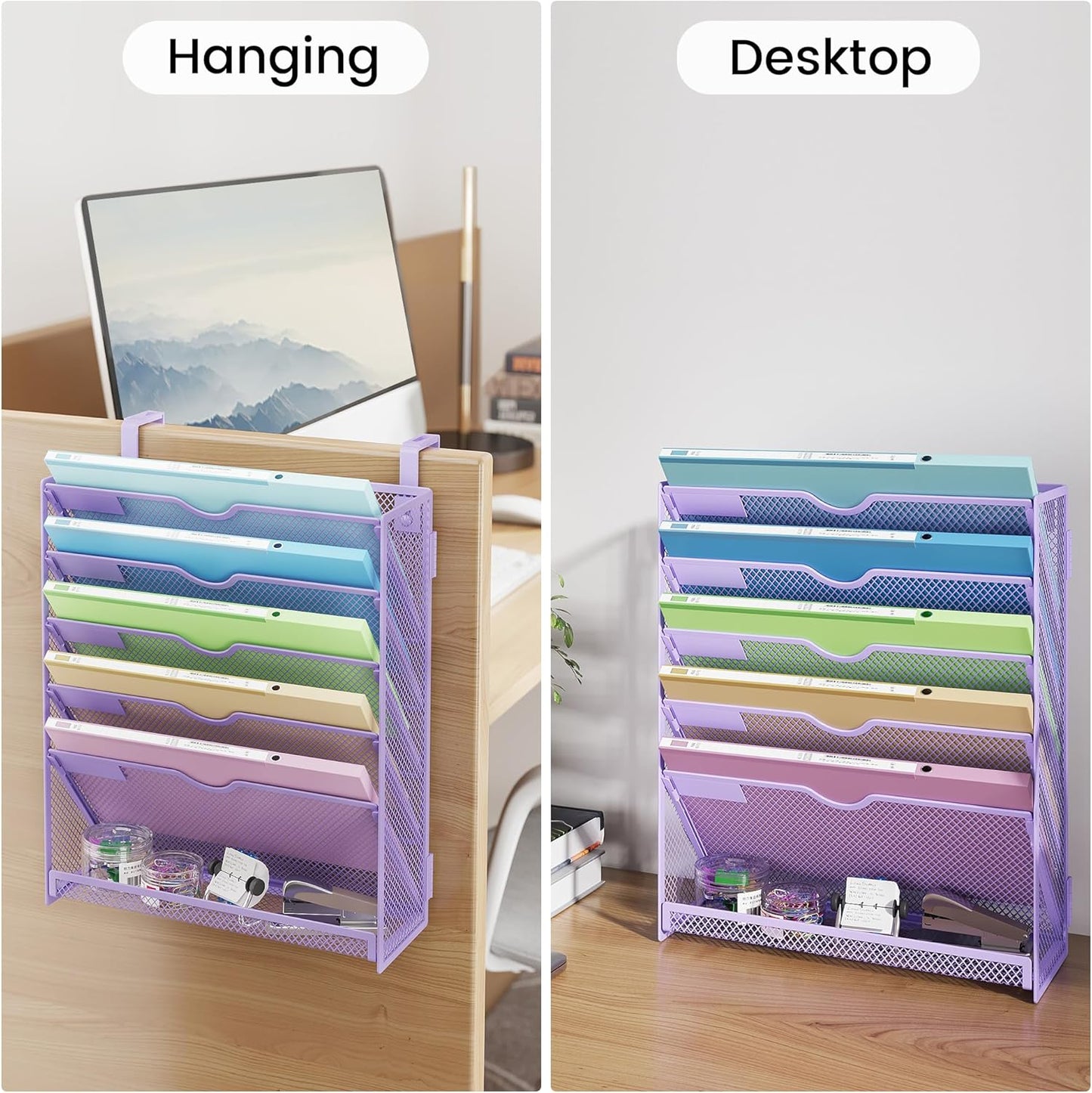 Hanging Wall File Organizer for Wall Mounted Mail Paper Folder Holder Document Organization Stand Desk File Organizer Tray for Office & Home Cubicle Countertop 6 Tier Purple
