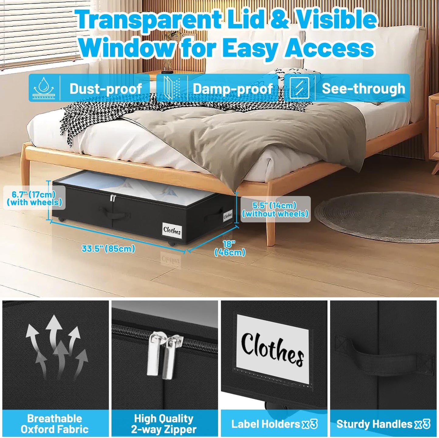 2 Pack Under Bed Storage with Wheels 6.7" Height, Rolling Storage Bins XL 50L, Underbed Shoe Storage Containers with Label & Clear Lid, Dorm Under bed Drawers for Clothes, Shoes, Quick Assembly, Black