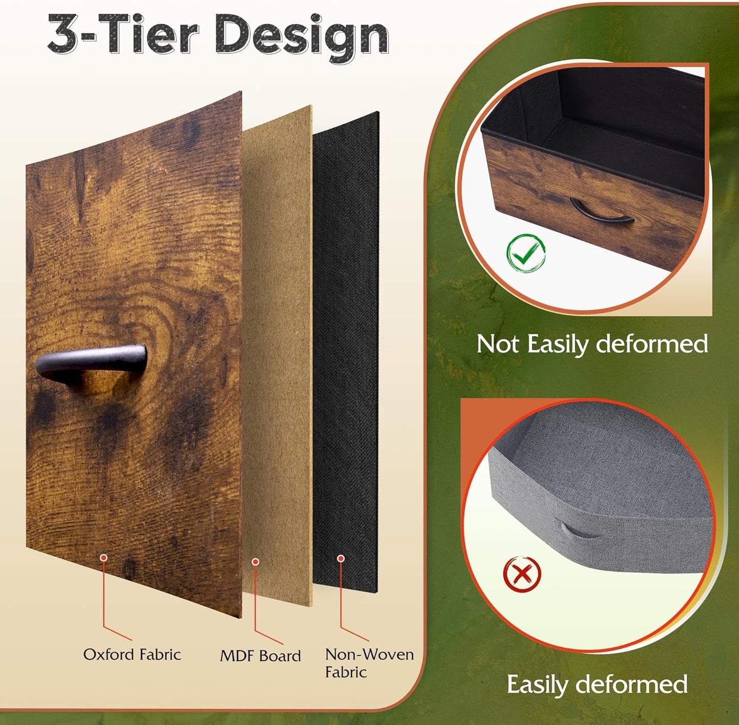 WLIVE Fabric Dresser, 5-Drawer Tall Dresser for Bedroom, Storage Organizer with Fabric Bins, Wood Top, Sturdy Steel Frame, Chest of Drawers for Closet, Hallway, Rustic Brown Wood Grain Print