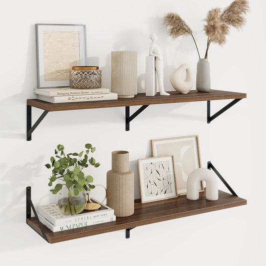 Axeman Deep Floating Shelves for Wall - 36 Inch Wide x 10 Inch Deep Floating Shelves Set of 2 -Walnut Wide Wall Shelves for Living Room Bathroom Bedroom