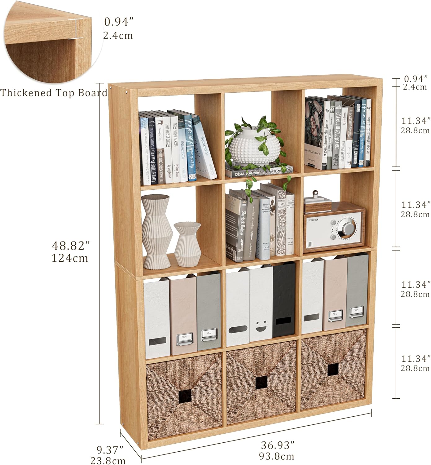 Cube Storage Organizer Bookcase, Decorative 11 inch Open Back Cubical Shelf with Thickened Border, Display Bookshelf for Living Room, Home Office, Sturdy Room (Natural Oak, 12 Cube)