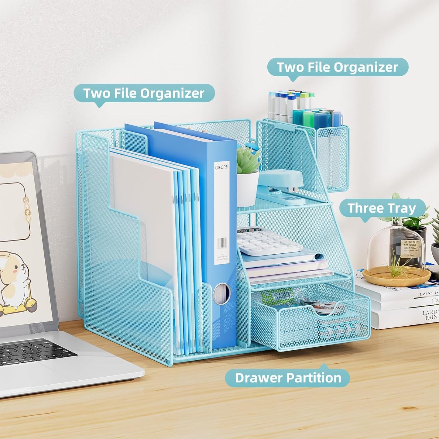 Marbrasse Desk Organizer and Accessories, 3-Tier File Organizer with Drawer and Pen Holder, Small Desktop Organizer and Storage for Workspace Office Supplies Blue