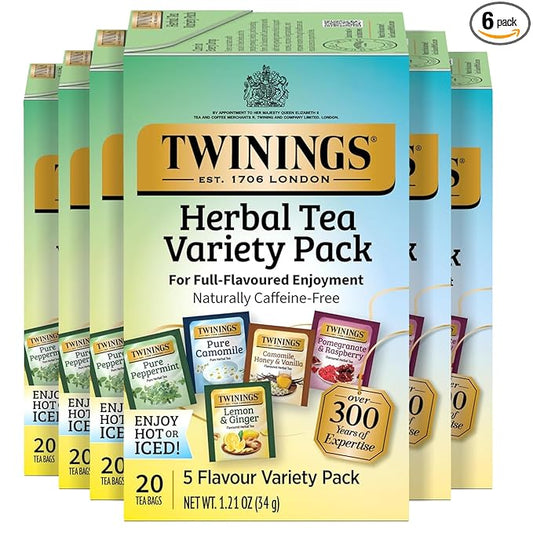 Twinings Herbal Tea Variety Pack, 20 Count (Pack of 6), Formerly Assorted Herbal, Includes 5 Flavours, Naturally Caffeine-Free, Enjoy Hot or Iced, 120 Teabags