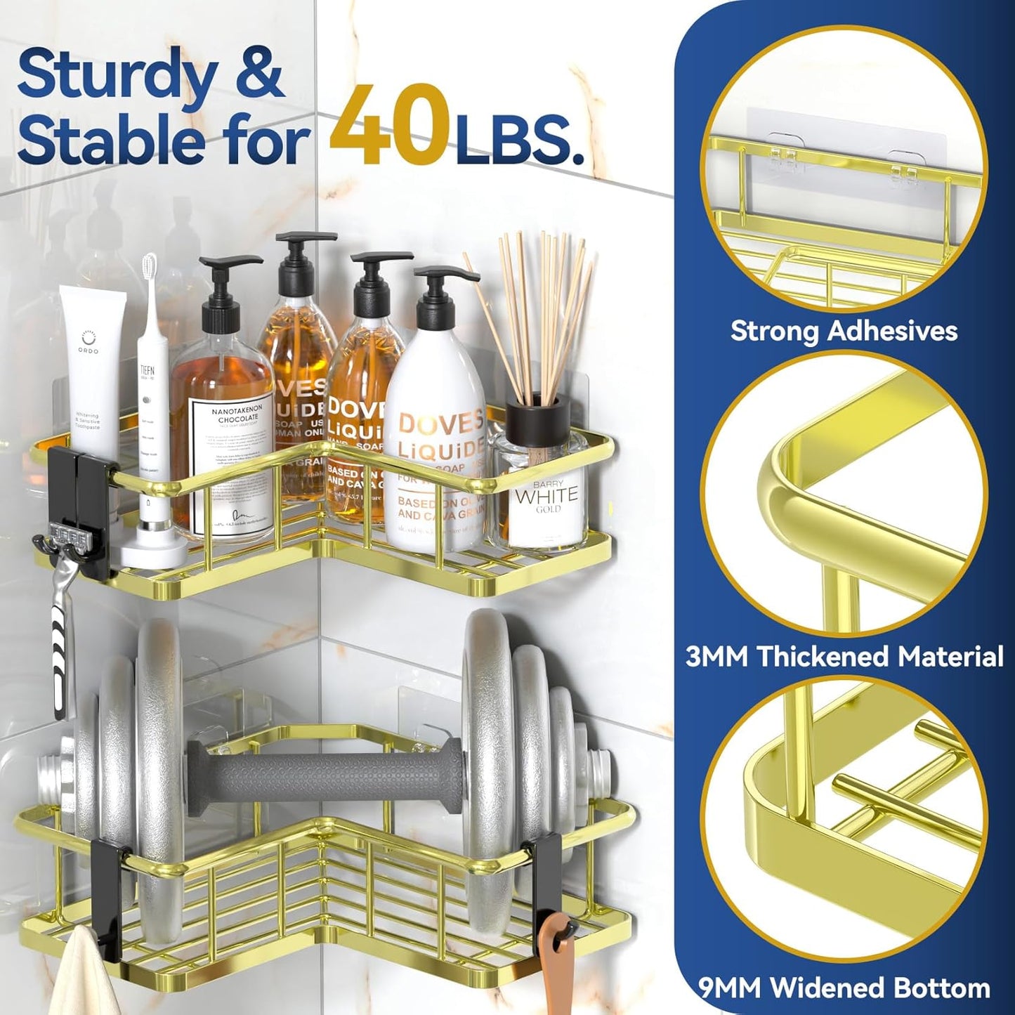 YASONIC Shower Caddy Corner, 3-Pack Adhesive Rustproof Stainless Steel Shower Shelves with Soap Holder, No Drilling Shower Organizer Corner for Dorm, Renters Bathroom, Gold